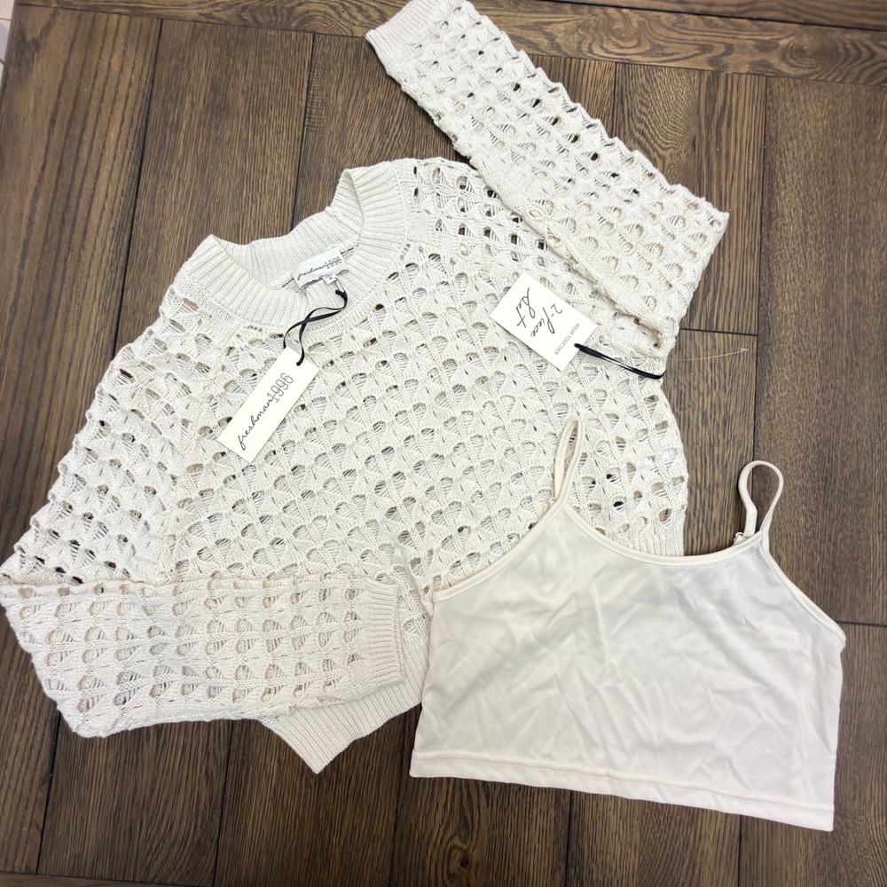 Freshman 1996 Cream Open Knit Crochet Sweater 2 Piece Set with Cami XS New